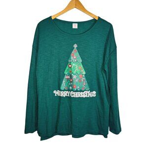 Holiday Time Merry Christmas Tree Long Sleeve Top Size L Green Festive Graphic